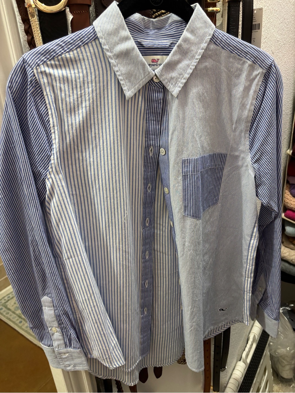 Vineyard Vines Blue & White Striped Patchwork Button-Down Shirt
